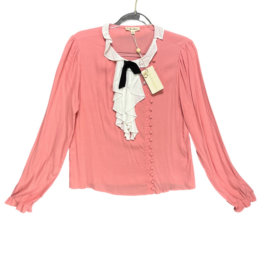 For Love & Lemons Pink Ruffle Jabot Blouse Bow Long Sleeve M Romantic Coquette